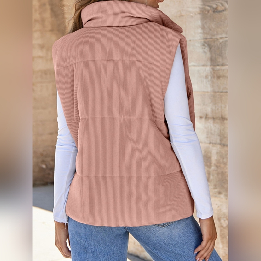 Pink Quilted Corduroy Puffer Vest For Women - Picture 3 of 7